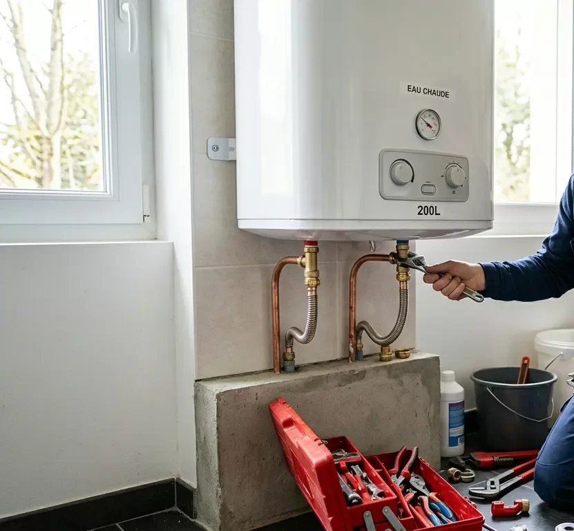 Artisan plombier spécialisé installant un chauffe-eau neuf